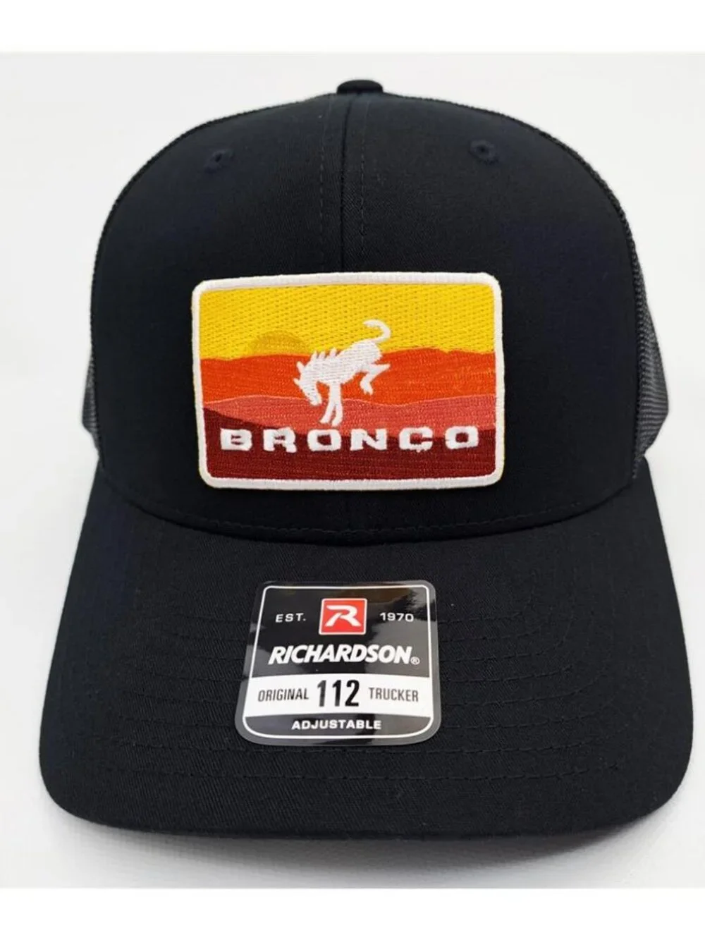Retro Bronco Sunset Embroidered Patch Trucker Hat Richardson 112 Snapback Cap